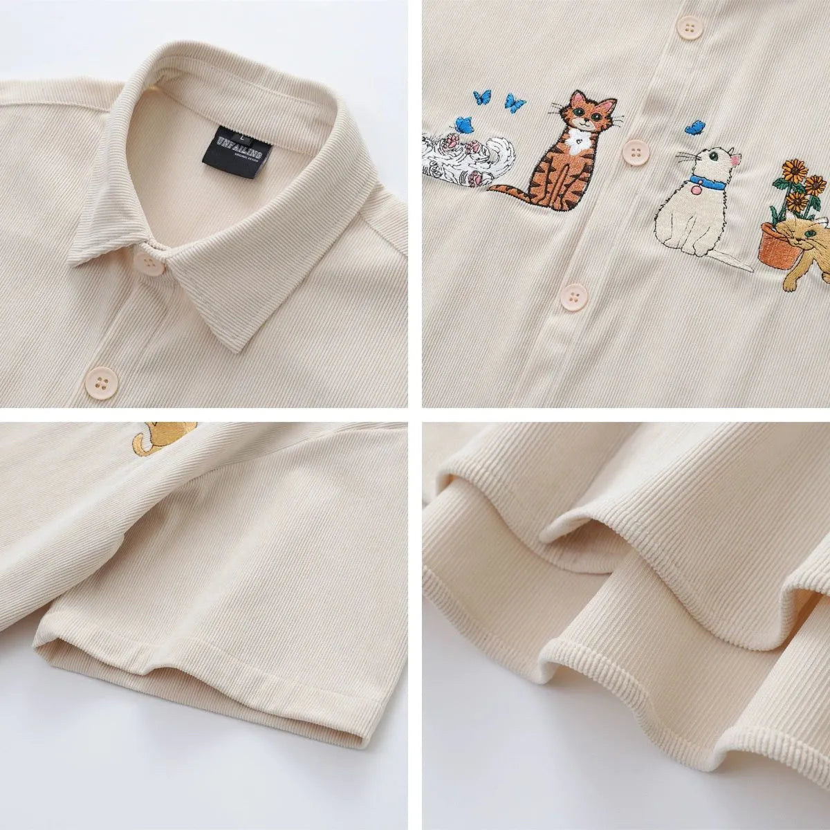 Loose cardigan shirt with embroidered cartoon pattern in apricot, brown, or black colour options.