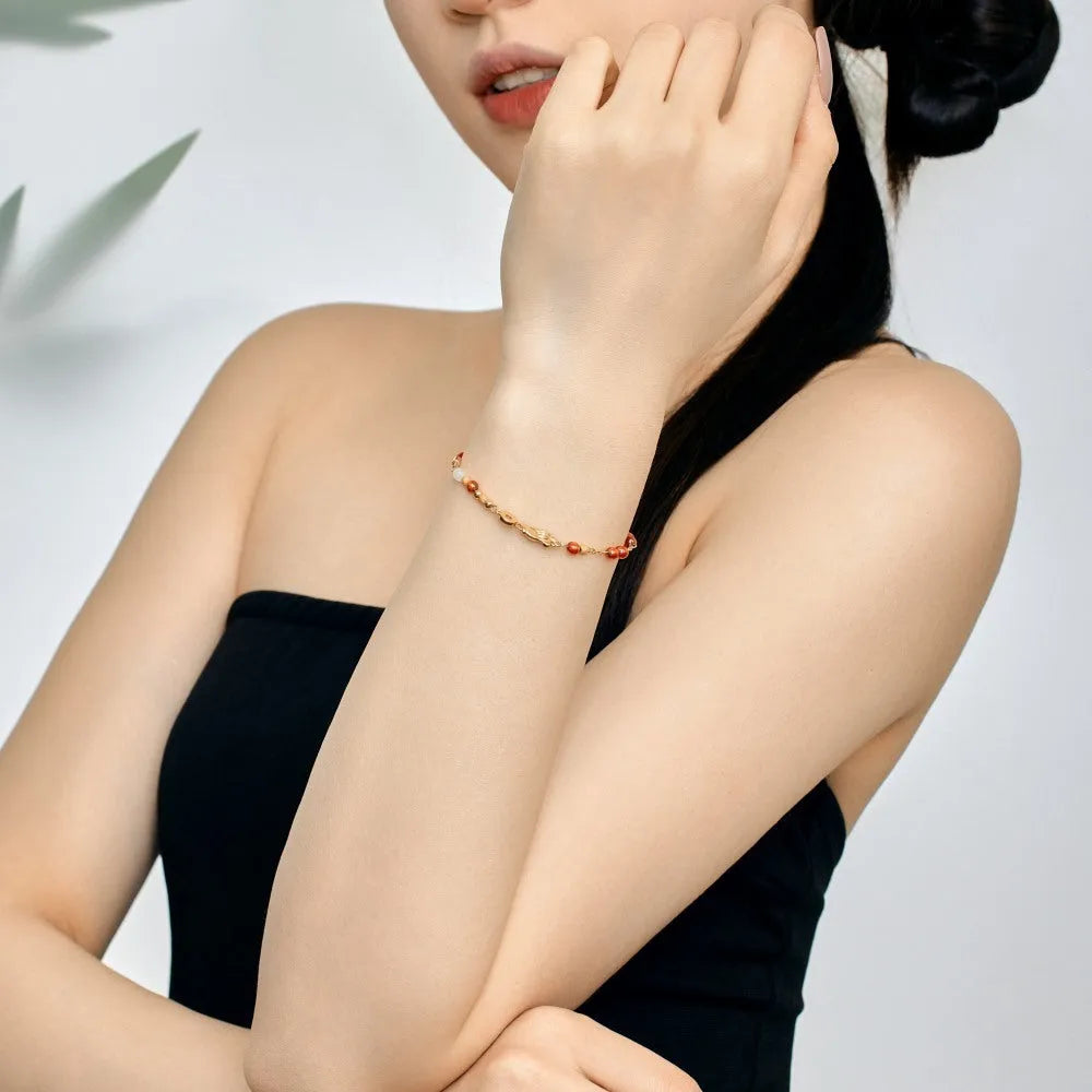 Gold electroplated 925 silver bracelet with round chalcedony geometric design for women