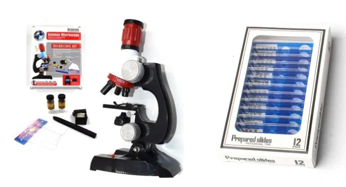 Child biological microscope with LED light, three objective lenses, and coarse focus knob on white background
