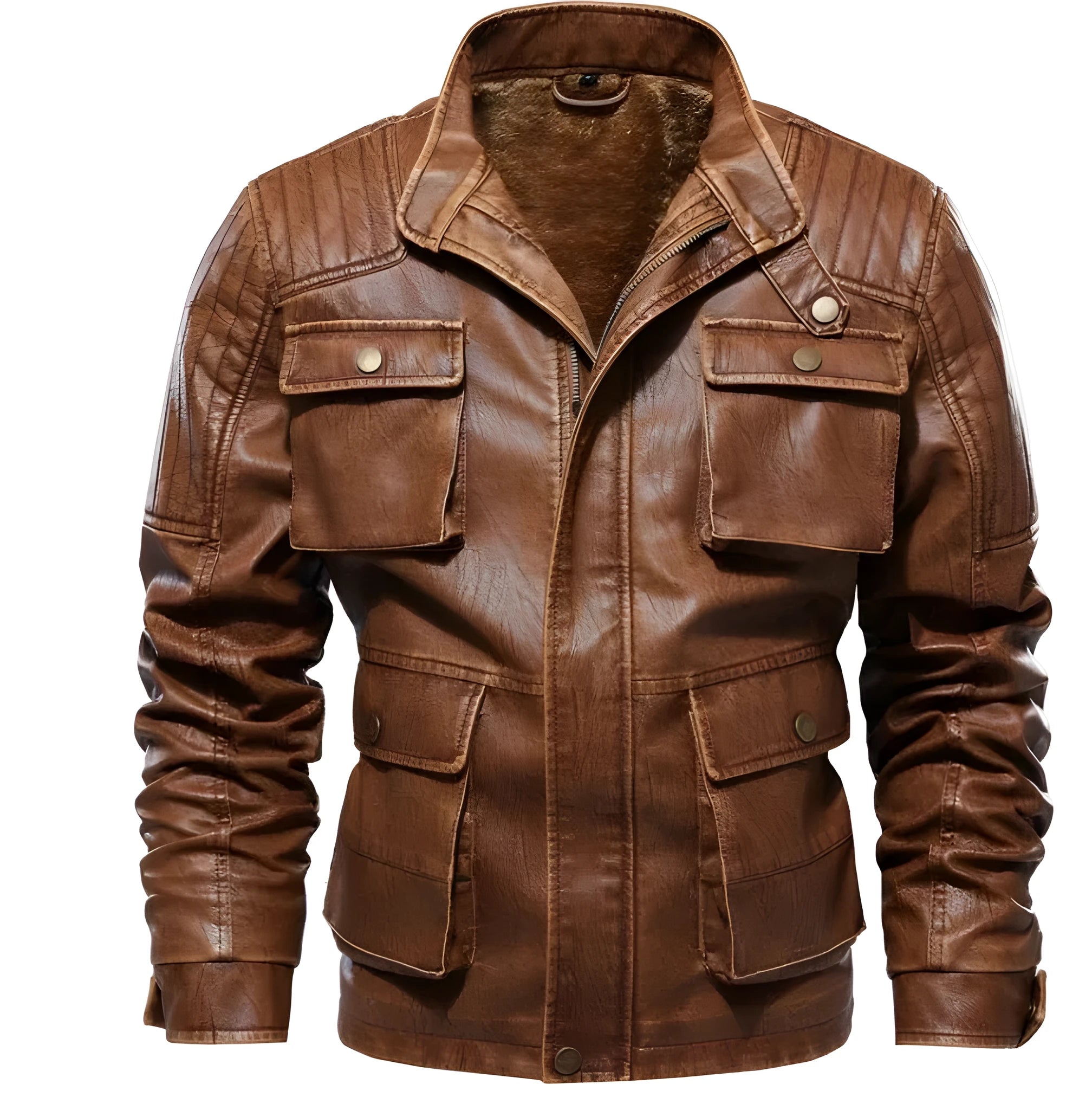Men's PU leather jacket with plus velvet lining in khaki colour