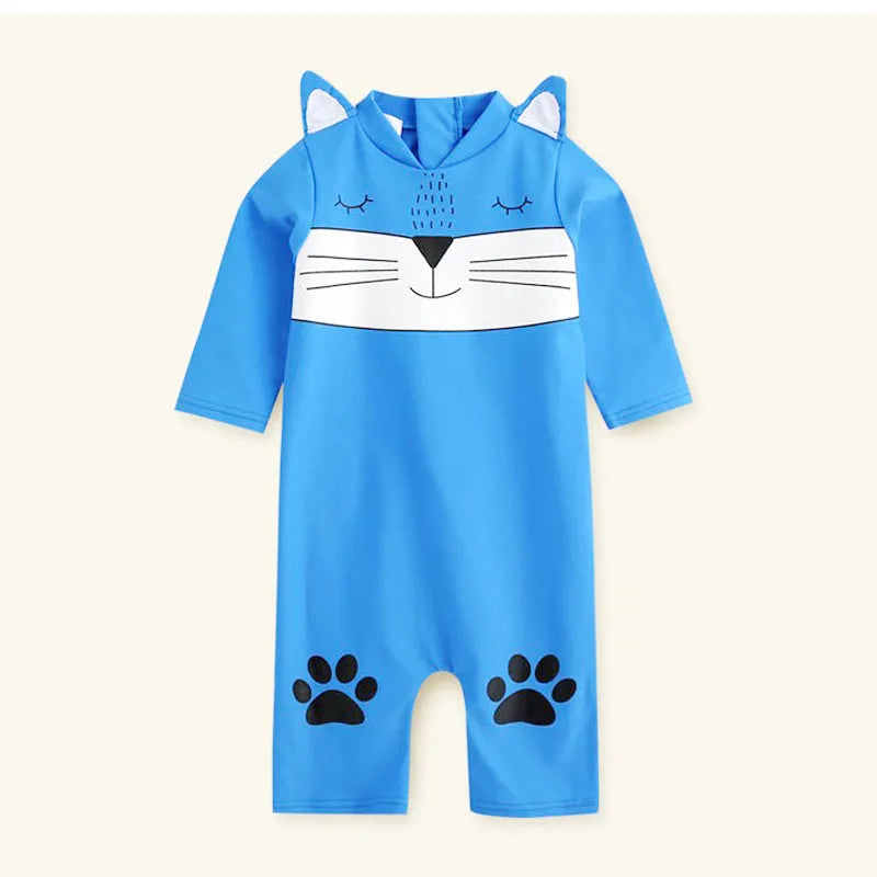 Baby long sleeve one-piece swimsuit in blue with polyester fabric for sun protection during swimming