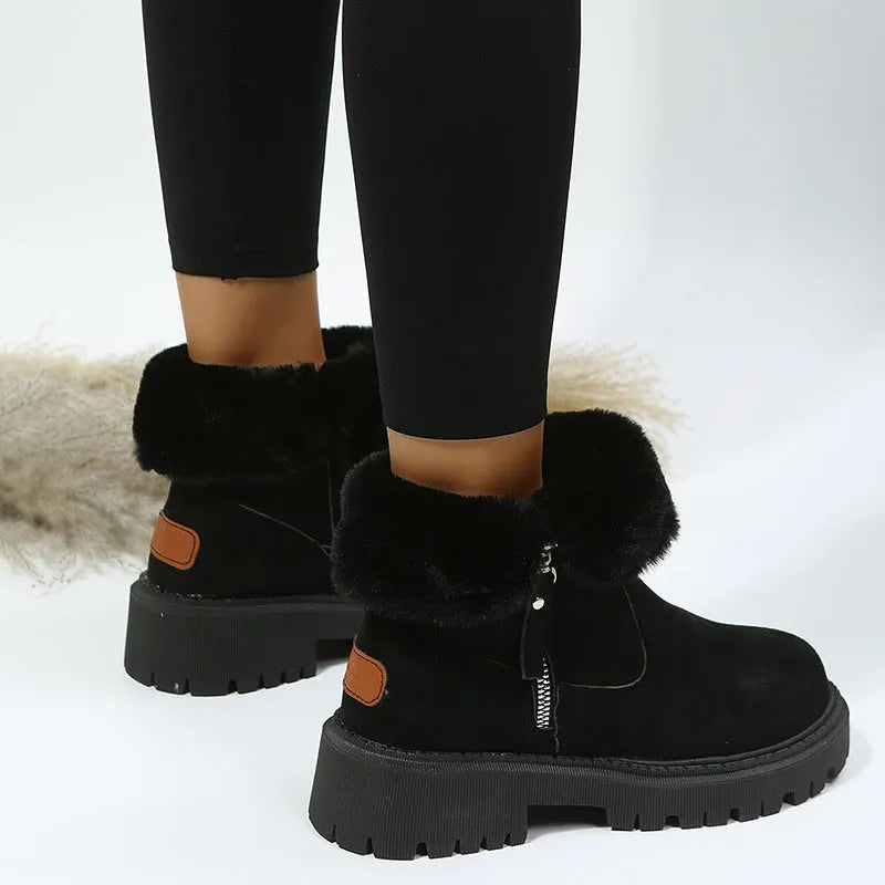 Women's black thick plush high-top snow boots with a side zipper and non-slip rubber sole.