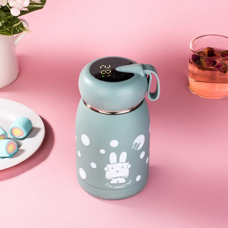 Intelligent thermos bottle with temperature display, 304 stainless steel, sliding lid, and insulated handle, 350ml, pink smart style
