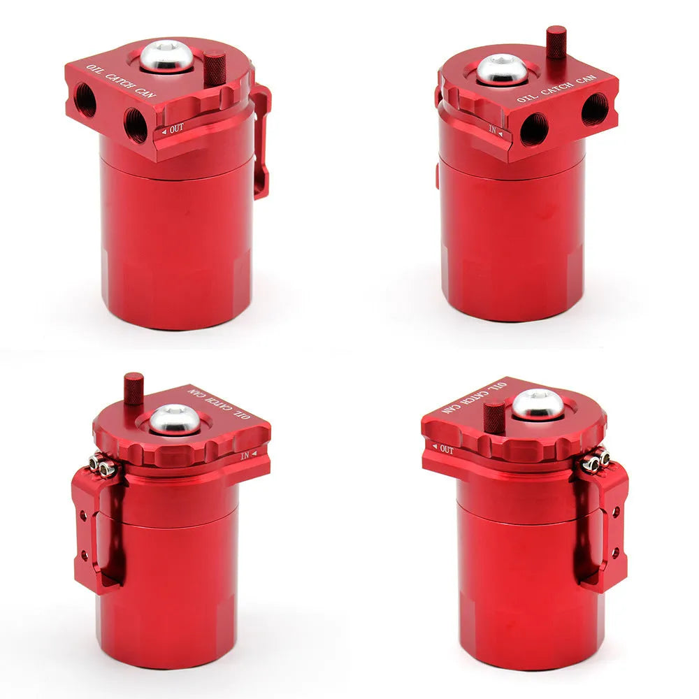 Car modification aluminium alloy engine oil breather pot in red, blue, black, and silver colours.