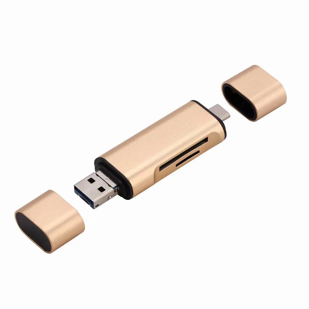 USB mobile phone card reader with triad Micro USB, Type-C, and USB plugs, aluminium alloy, golden or silvery, for TF and SD cards.