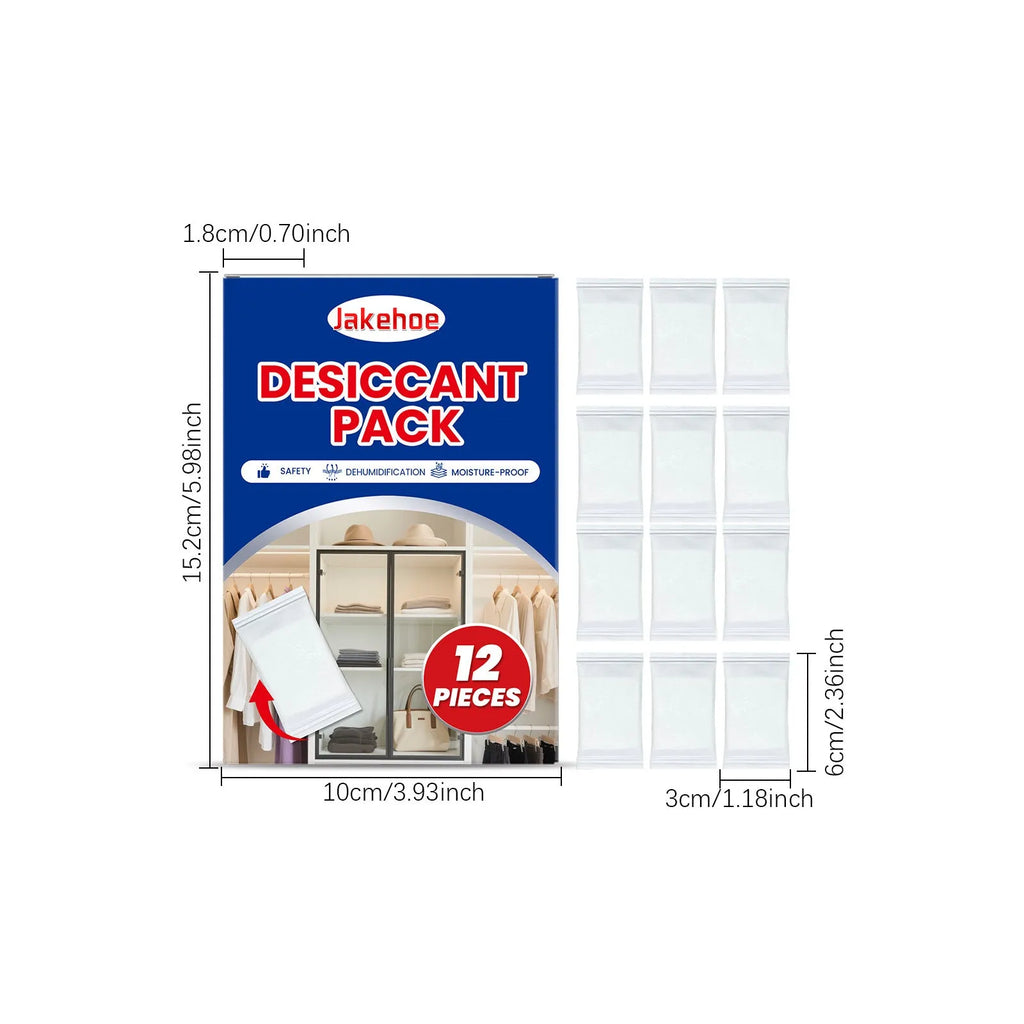 A pack of twelve white calcium chloride desiccant bags for absorbing moisture and preventing odours in wardrobes and cupboards.