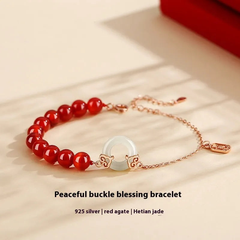 Sterling silver 925 bracelet with peace buckle clasp, Fu character and Xiangyun patterns in colour S0269