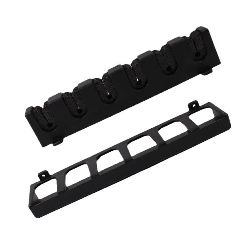 Black ABS plastic wall-mounted fishing rod storage rack showing horizontal and vertical mounting options