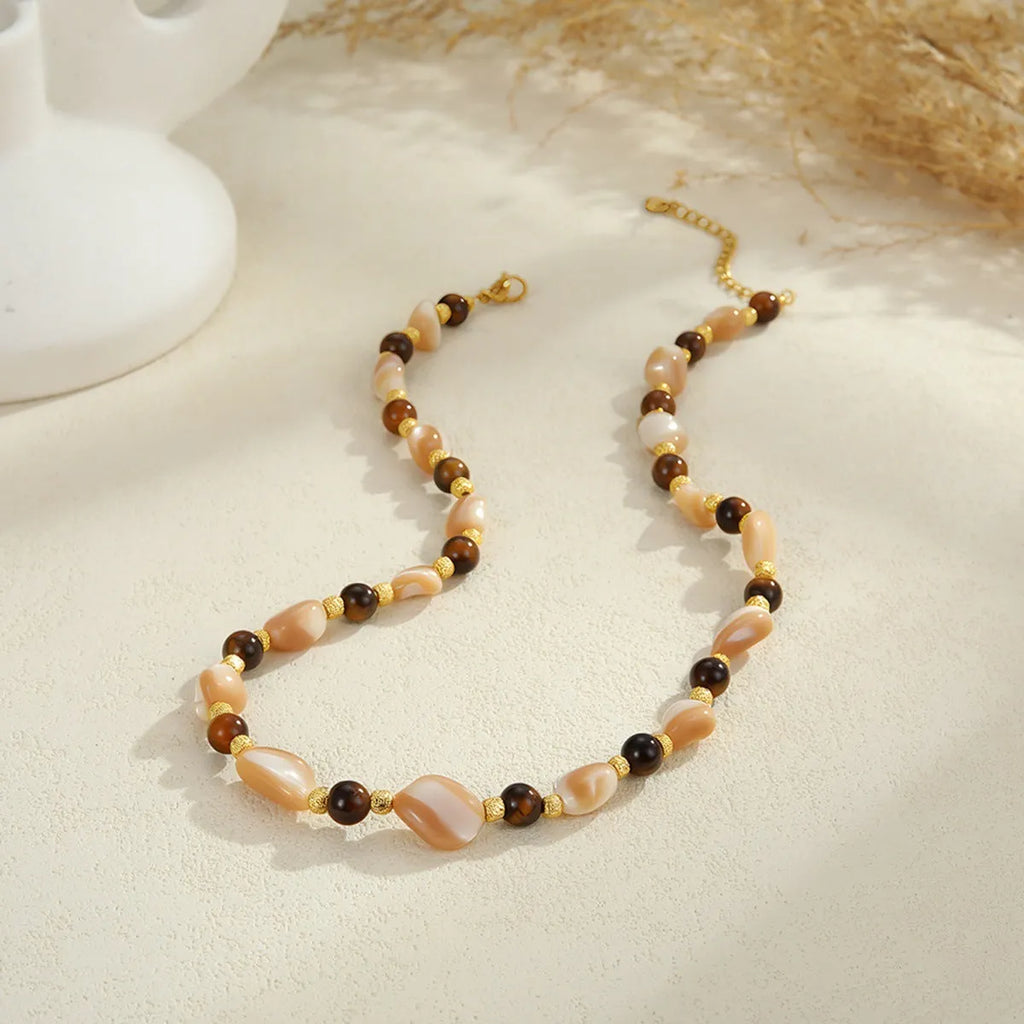 Stainless steel 18K natural stone beaded necklace in geometric shape, tiger eye or colourful beads for women