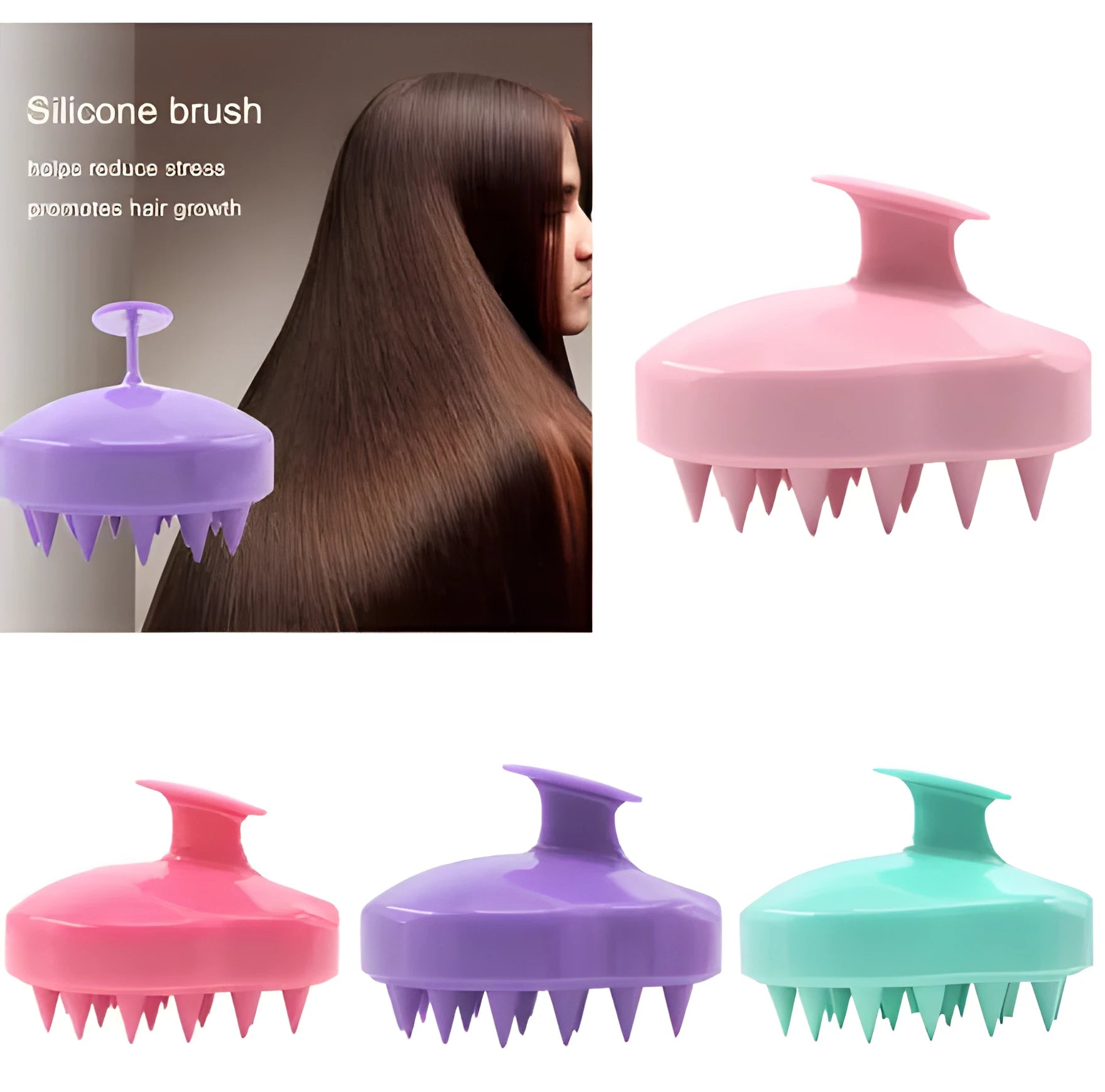 Green silicone scalp massage brush with soft bristles measuring 9.5 by 8 by 7.3 centimetres