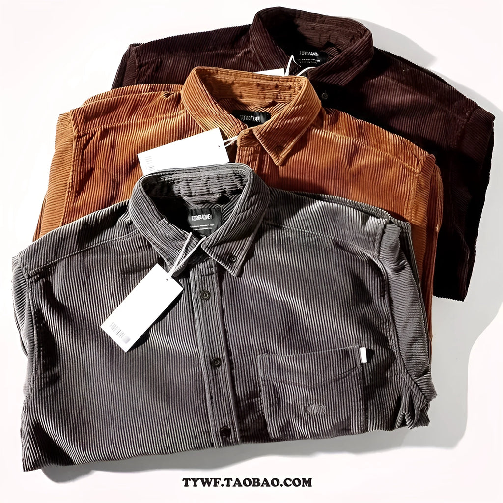 Caramel loose-fit corduroy long sleeve shirt with Hong Kong style collar.