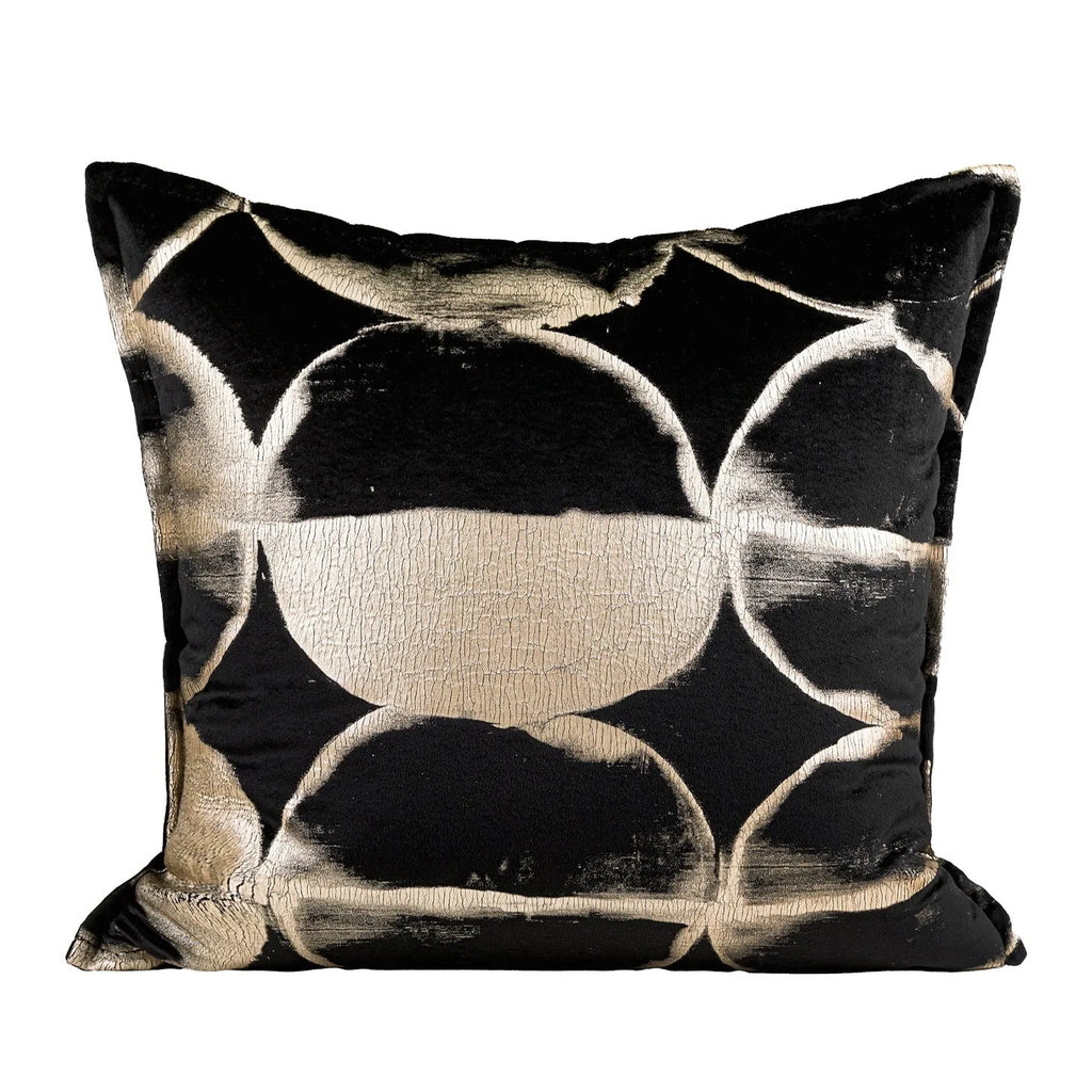 Black gold abstract pattern decorative cushion with removable cover in 45x45cm square size on a grey sofa.