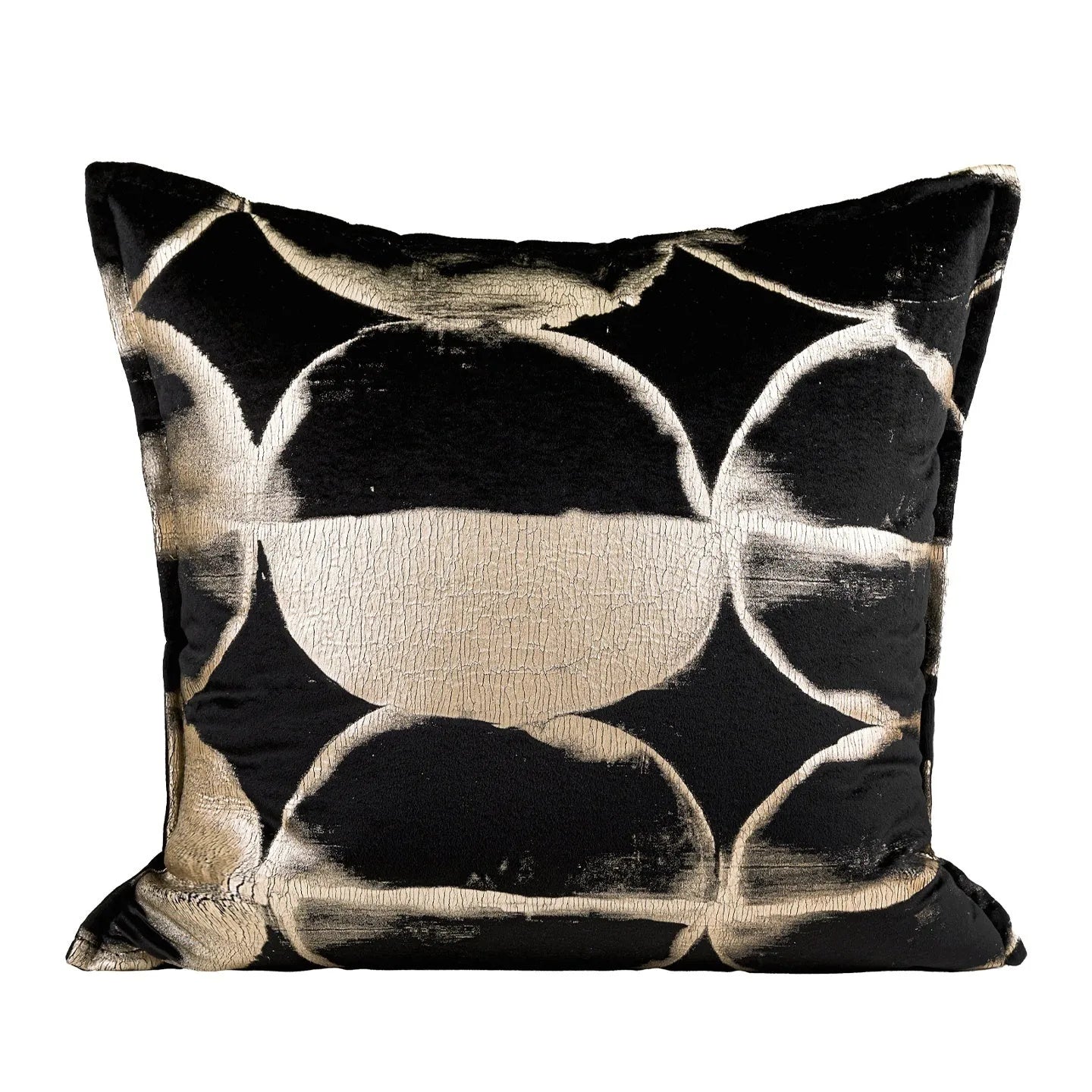 Black gold abstract pattern decorative cushion with removable cover in 45x45cm square size on a grey sofa.