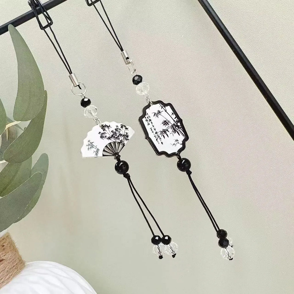 Chinese style bead pendant keychain with plant and flower patterns in baking varnish finish