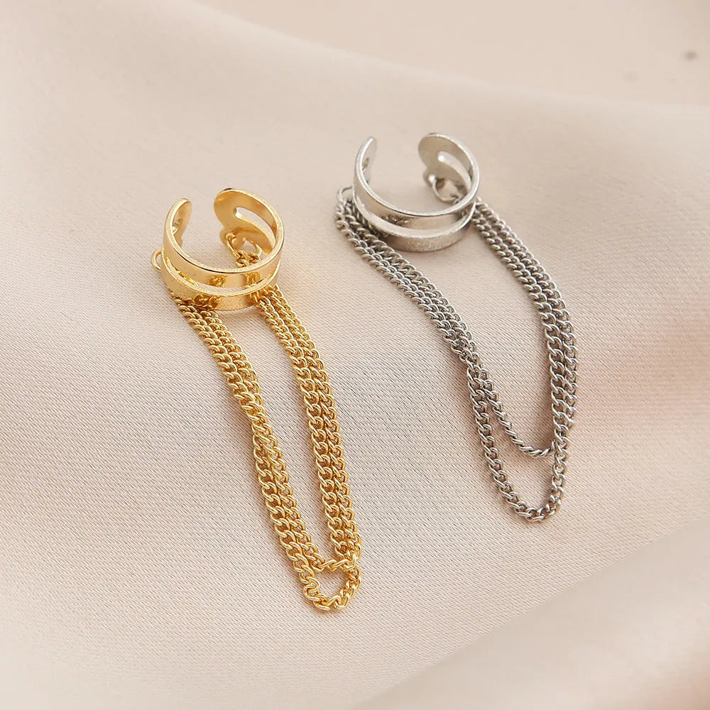 Fashion double metal chain tassel earrings for women in gold colour with U-shaped copper design