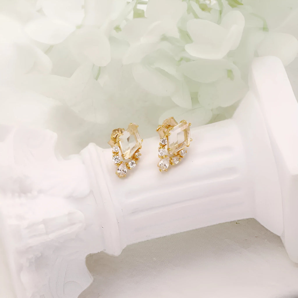 Geometric 925 silver stud earrings with sweet white electroplated crystals
