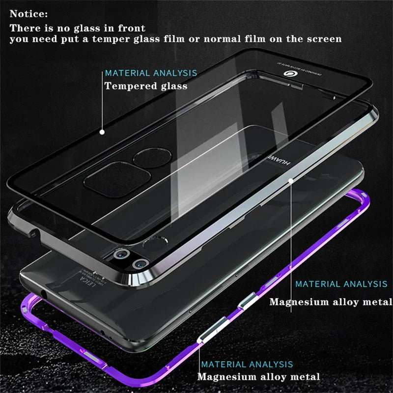 Black magnetic metal phone case with clear tempered glass back for a Huawei smartphone.