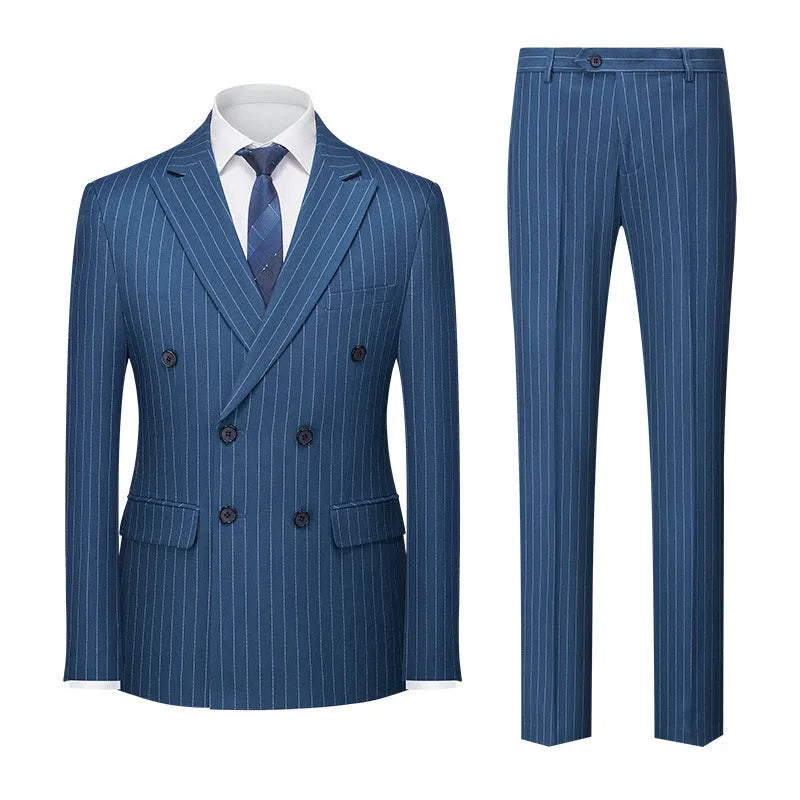 Men's slim fit double-breasted suit in a grey colour, showing the two-button front and matching trousers.