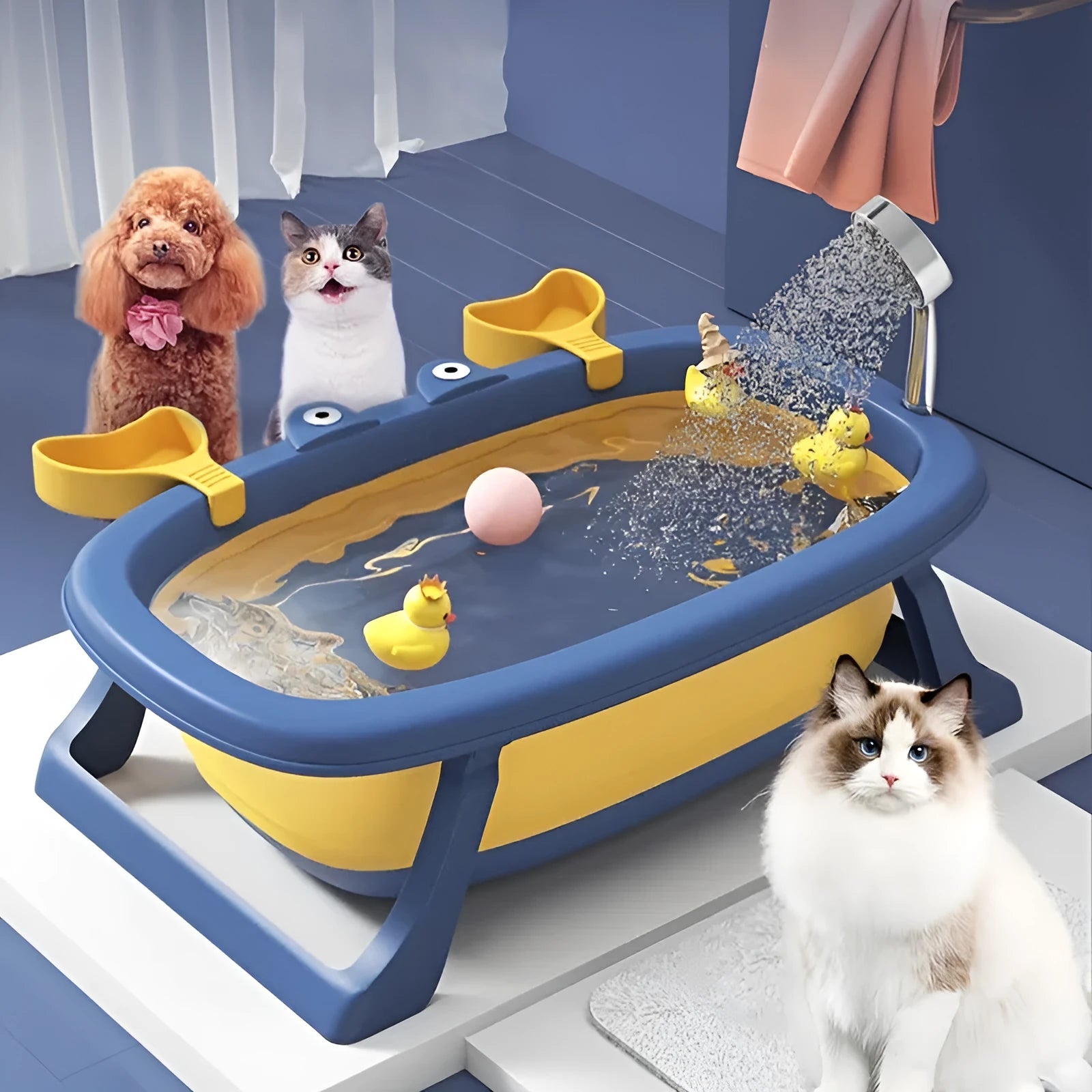 Blue foldable portable pet bath tub for small dogs and cats on a non-slip base.