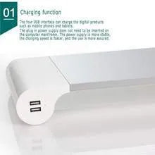 Silver and black computer monitor stand with USB ports on the front and a keyboard shelf underneath