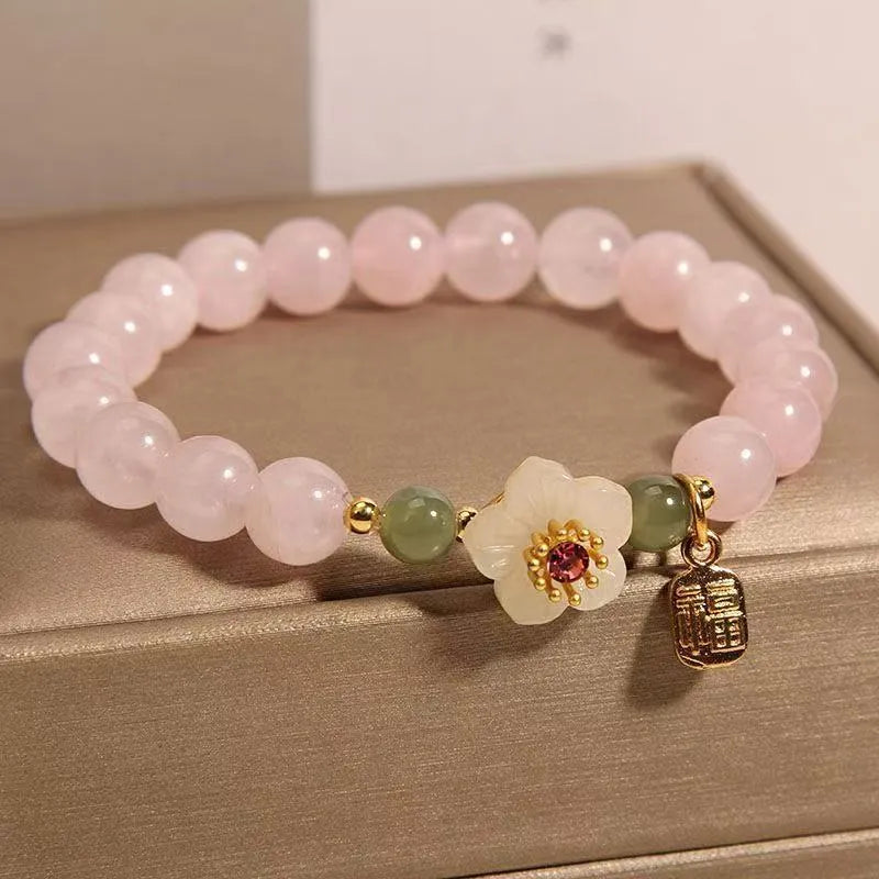 Crystal Hetian Jade beaded peach blossom bracelet with fruit-shaped beads and camellia elements in blessing card colour