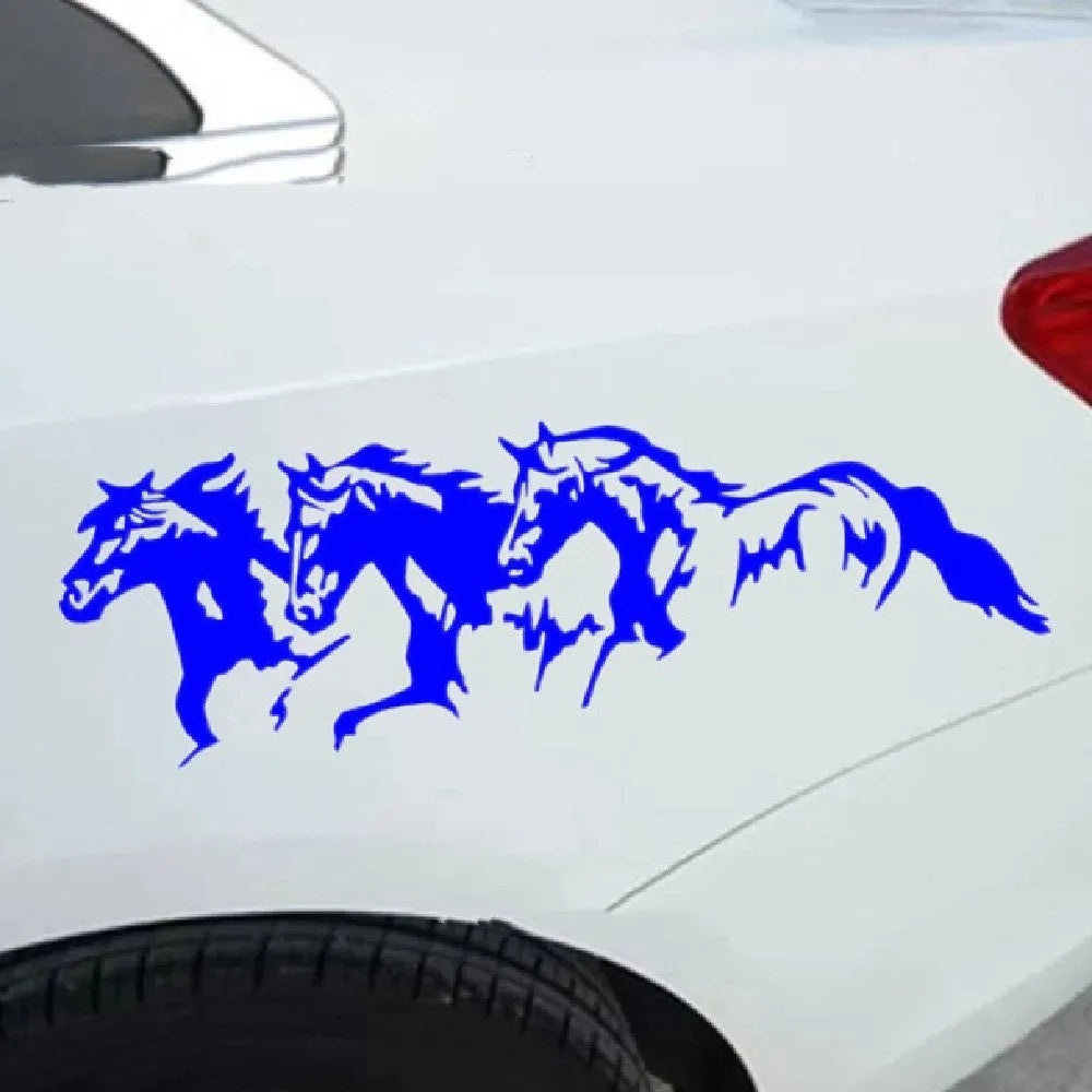 Black, white, red, and blue three horses design car body sticker decal measuring 25 by 8 centimetres