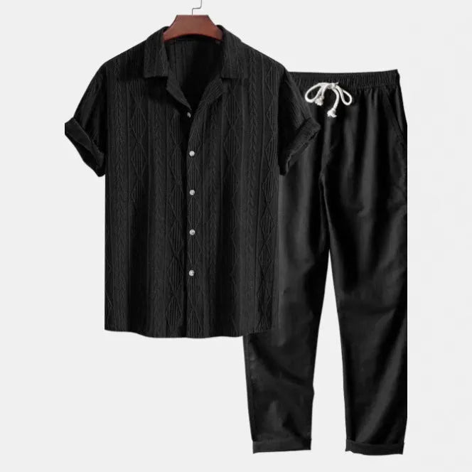 Men's slim fit camouflage print short-sleeve shirt and trousers casual suit set