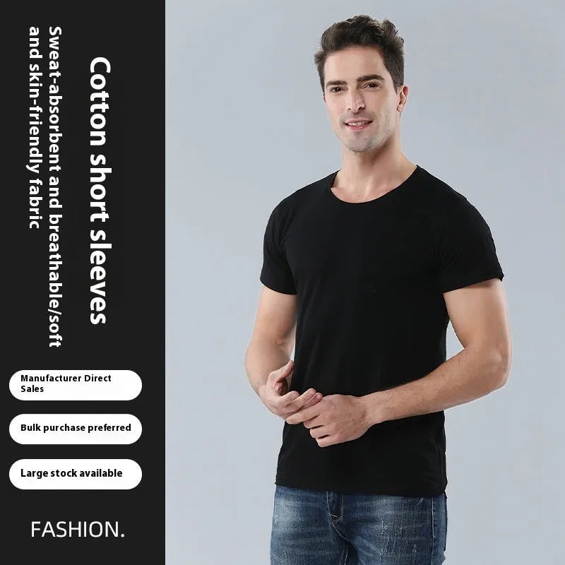 Men's black and white loose fit cotton T-shirt showing round neck design and casual summer styling