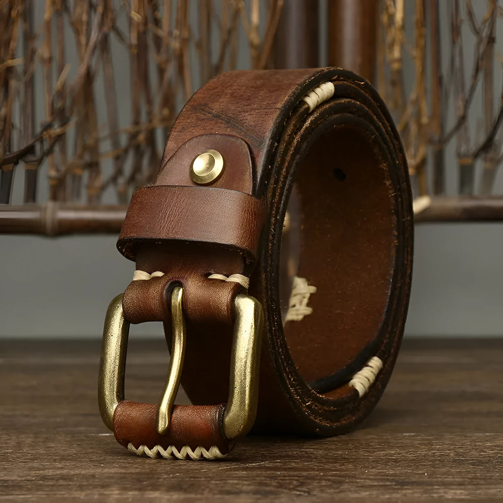 Handmade retro genuine cow leather belt with copper buckle in brown colour