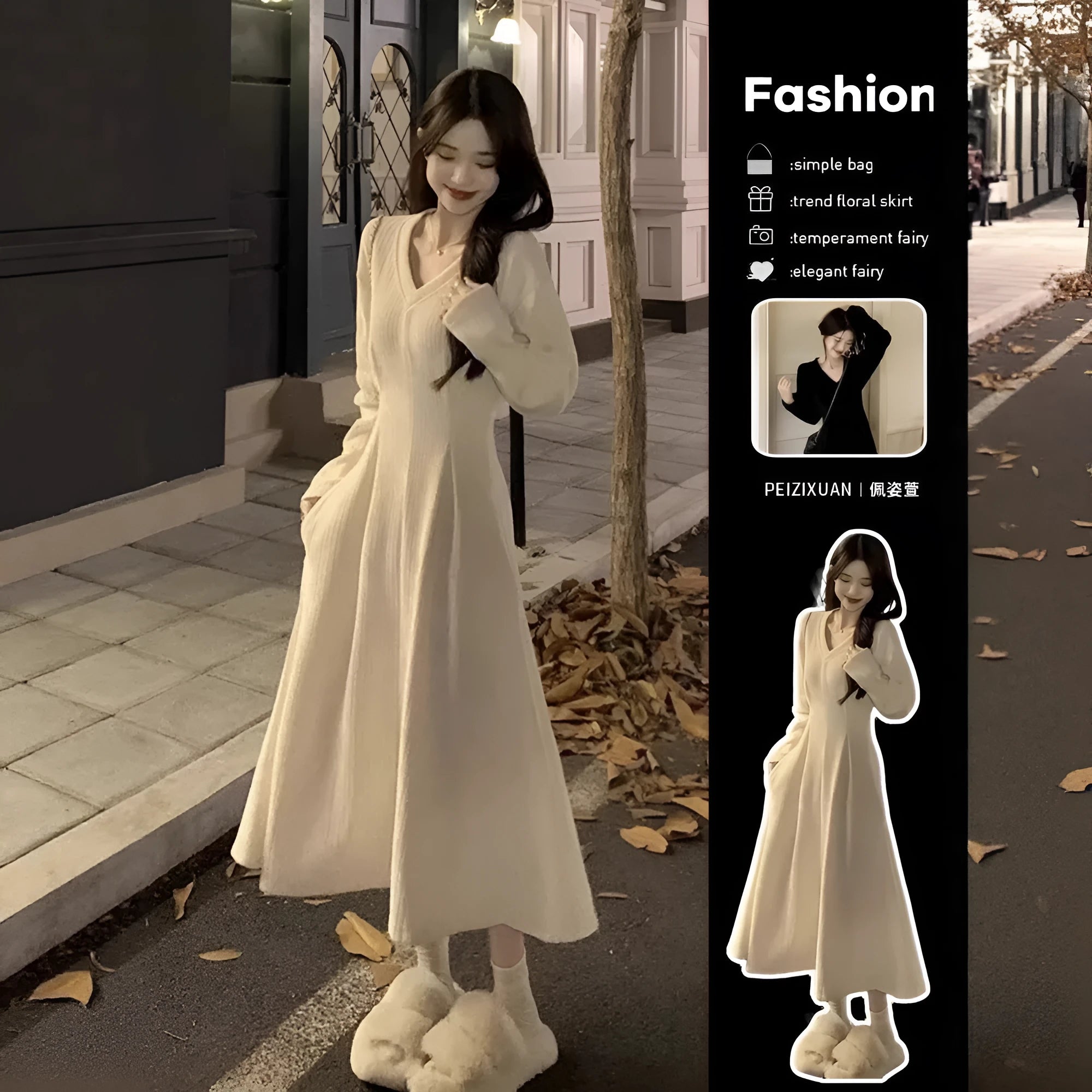 Women's polyester knitted dress with V-neck collar and princess sleeves in milky white