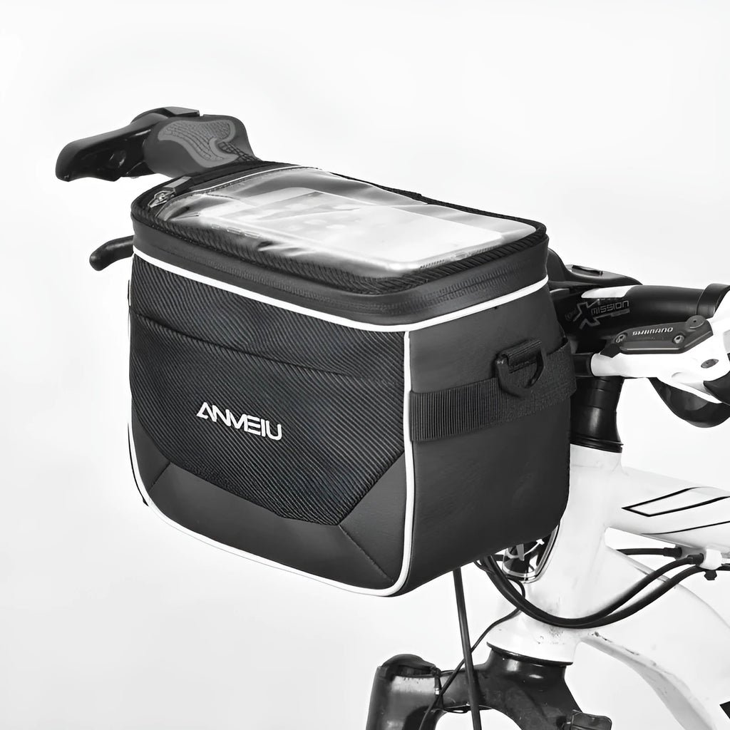 Black 7-inch bicycle handlebar bag with scooter head folding design mounted on bicycle