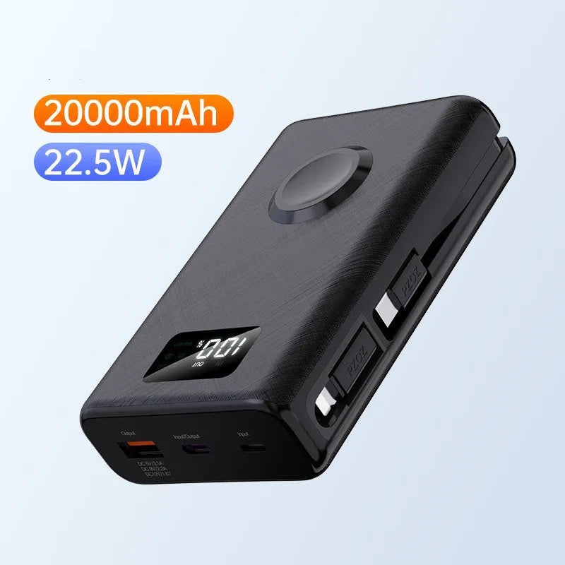 White and black wireless charging power bank with screen display showing battery level, 20000mAh capacity.