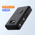 White and black wireless charging power bank with screen display showing battery level, 20000mAh capacity.