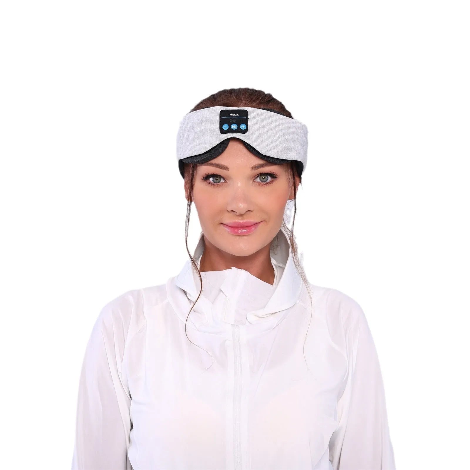 Grey outline Bluetooth sleeping eye mask with integrated wireless headphones for pressure-free music during sleep
