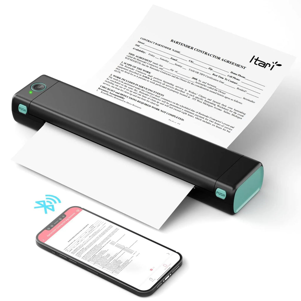 Phomemo M08F white A4 portable thermal printer with USB cable on a wooden desk
