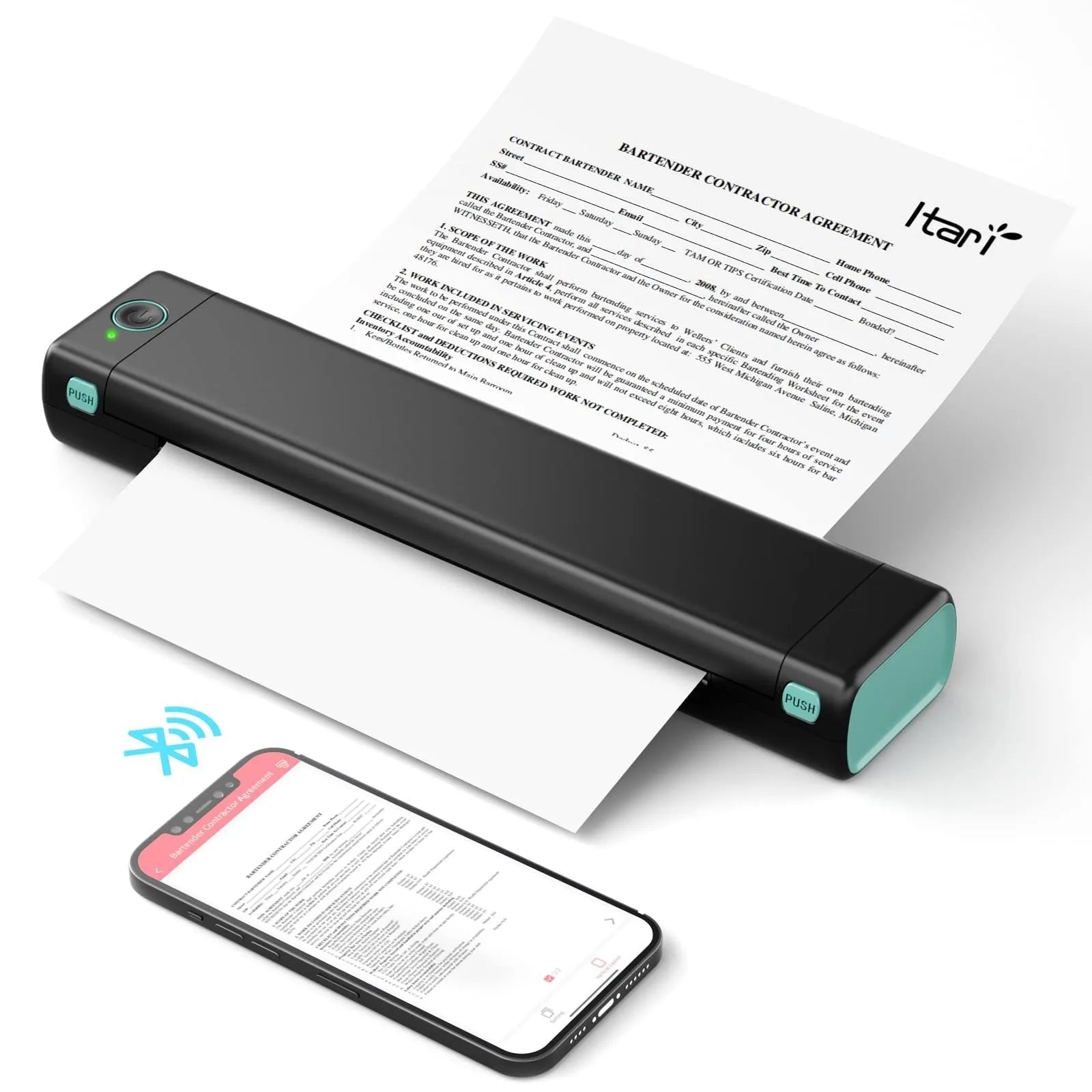 Phomemo M08F white A4 portable thermal printer with USB cable on a wooden desk