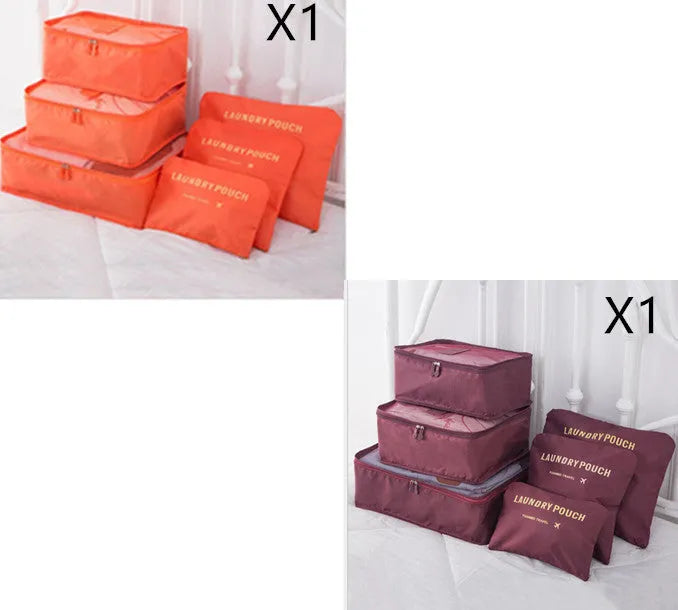 6 PCS travel storage bag set in polyester with handbag shape, multiple colour options for clothes and cosmetic organisation