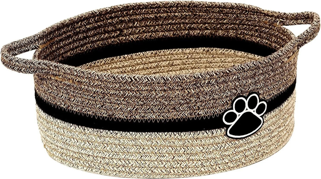 Handmade woven cotton rope storage basket with handle in light beige colour