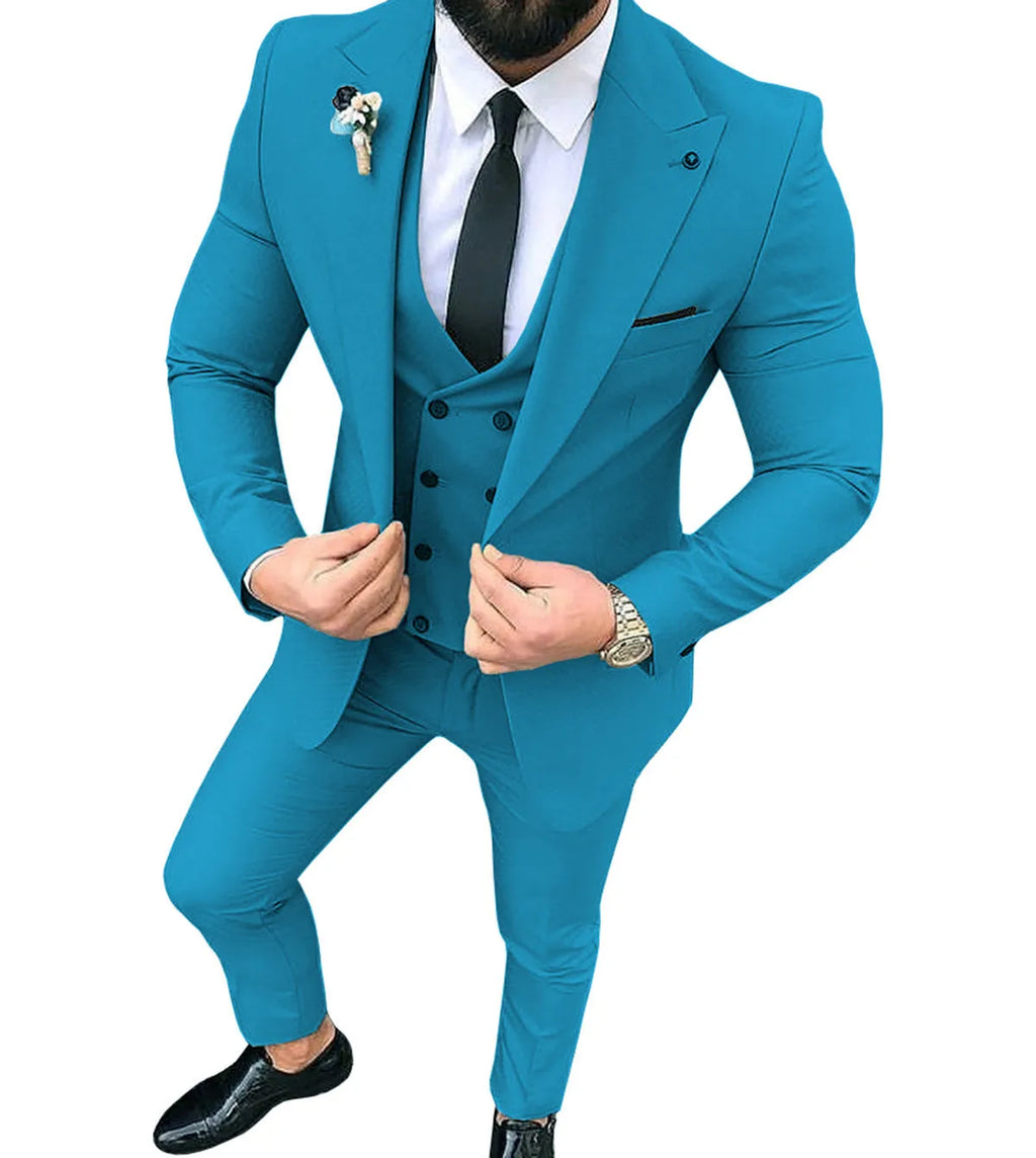 Men's slim fit three-piece suit set in cotton, jacket vest and trousers, available in various colours and sizes XS to 5XL.