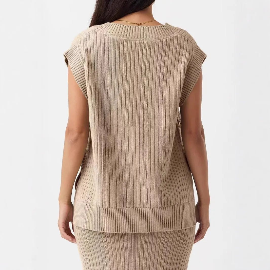Camel coloured v-neck sleeveless pullover vest with loose fit and stripe pattern