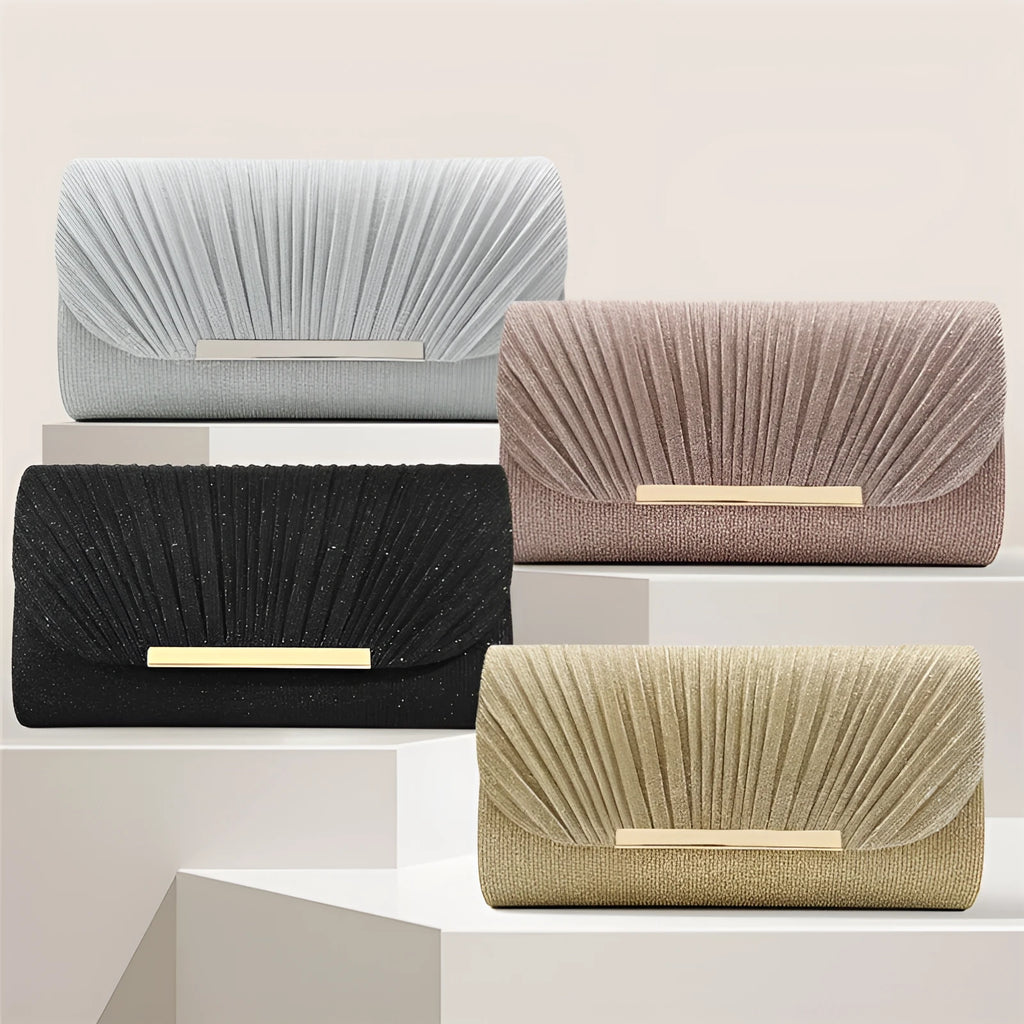 Women's hardware edge fine pink pattern PU clutch bag on a flat surface