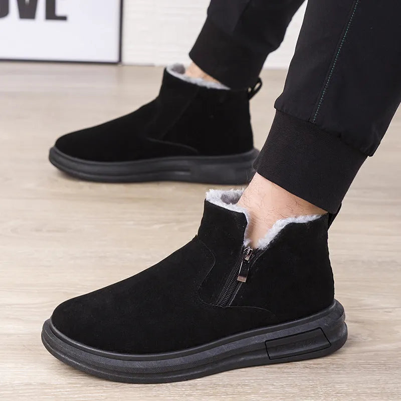 Men's winter snow boots with side zipper, plush lining, cotton upper and wear-resistant rubber outsole in black or grey.