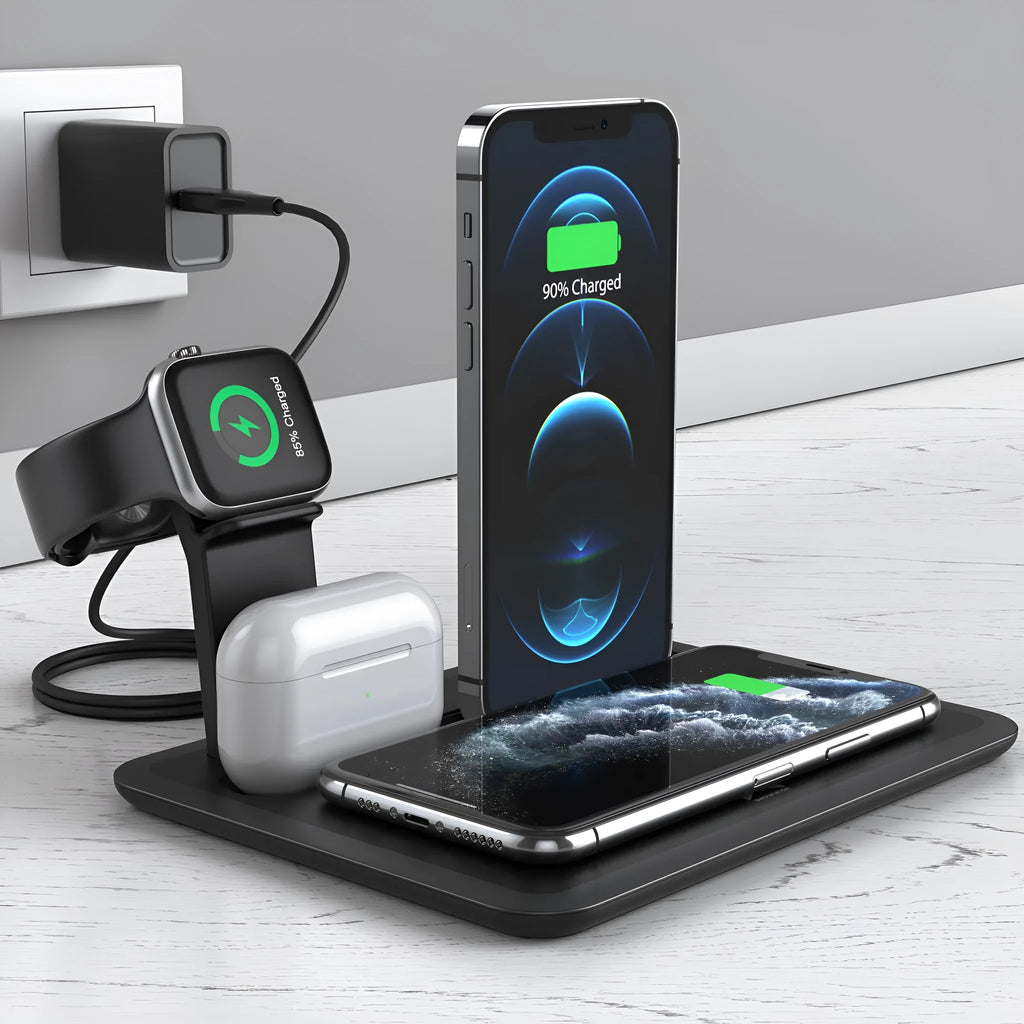 Black desktop wireless charger with phone on pad, watch and headphone cables connected.