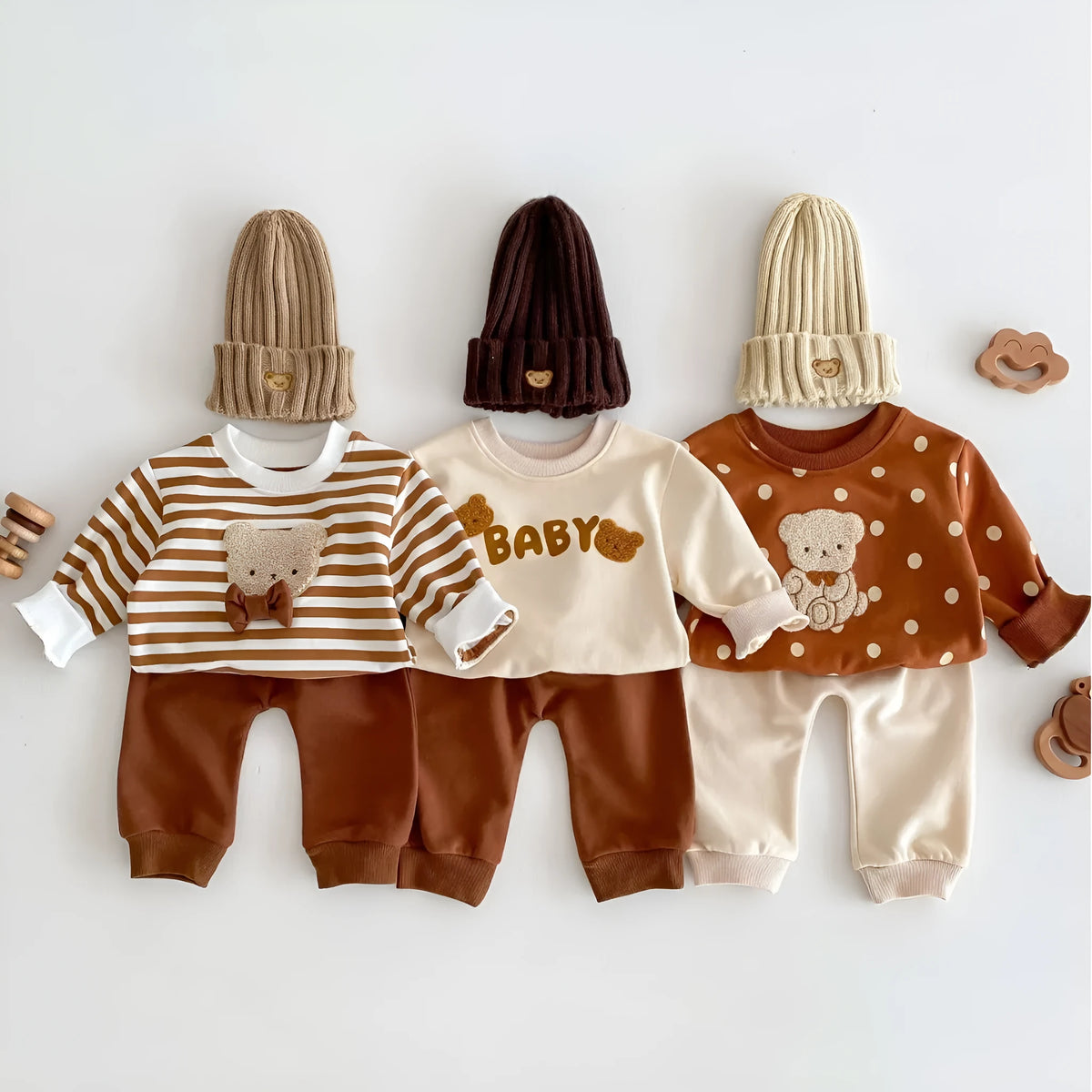 Cotton baby bear suit two-piece set in light beige with animal pattern, available in sizes 73-110cm