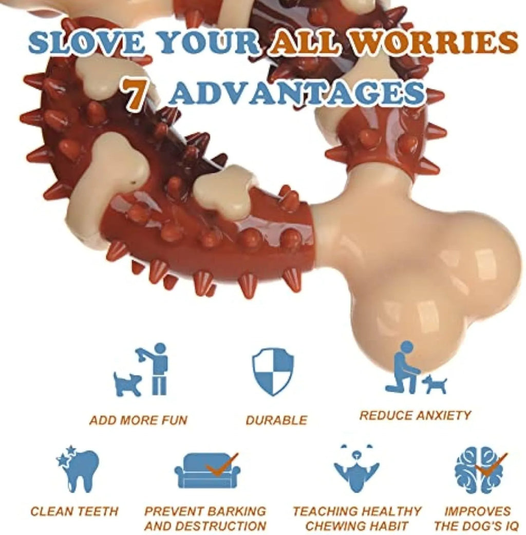 Bone-shaped natural rubber dog chew toy for grinding teeth, shown in large and small sizes.