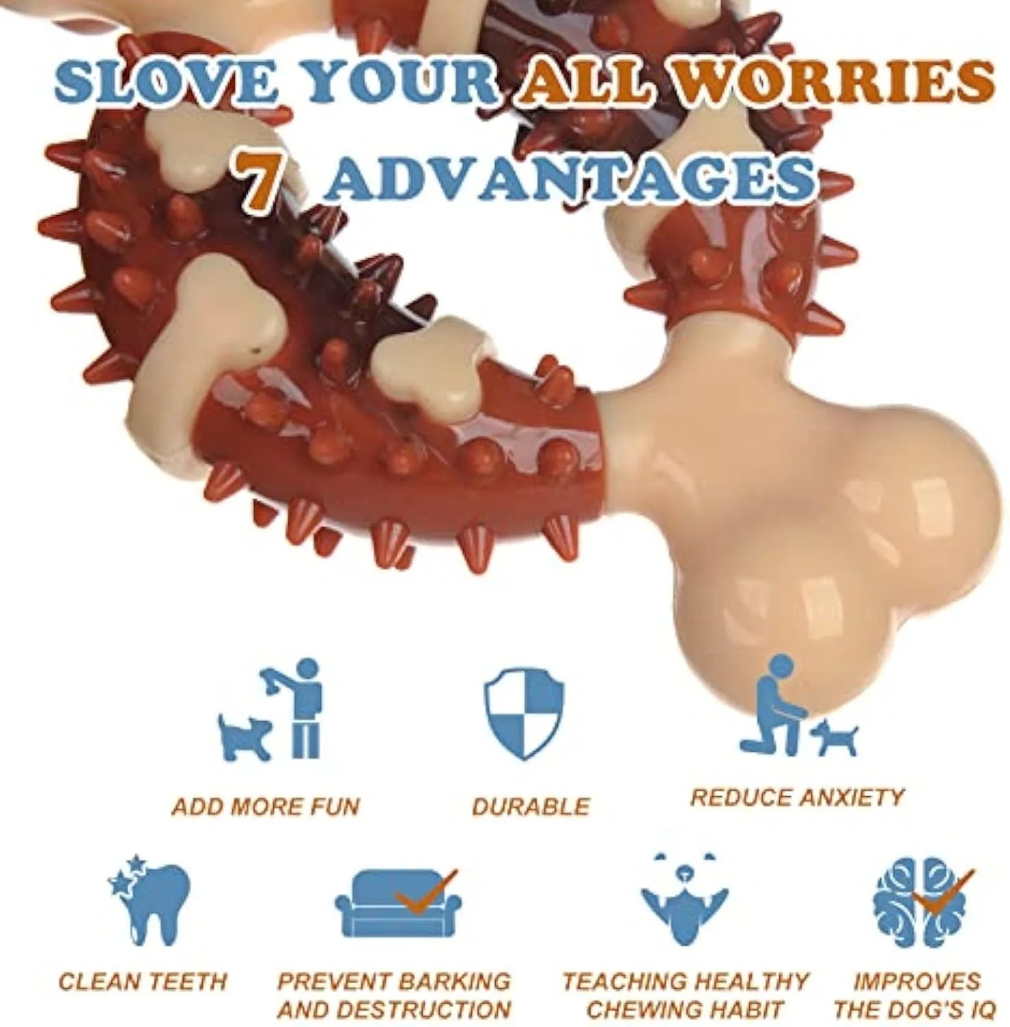 Bone-shaped natural rubber dog chew toy for grinding teeth, shown in large and small sizes.