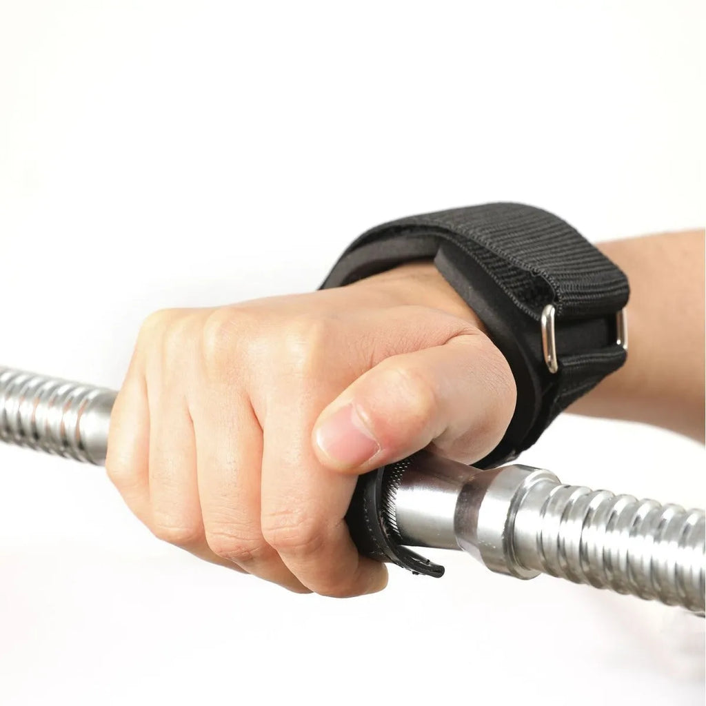 Pair of black booster hose rubber assist belts for non-slip palm protection in weightlifting and rock climbing.