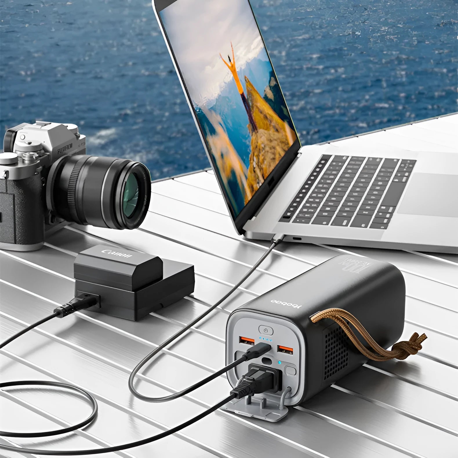 Black portable power bank with digital display, 220V socket, and USB ports on a wooden table.