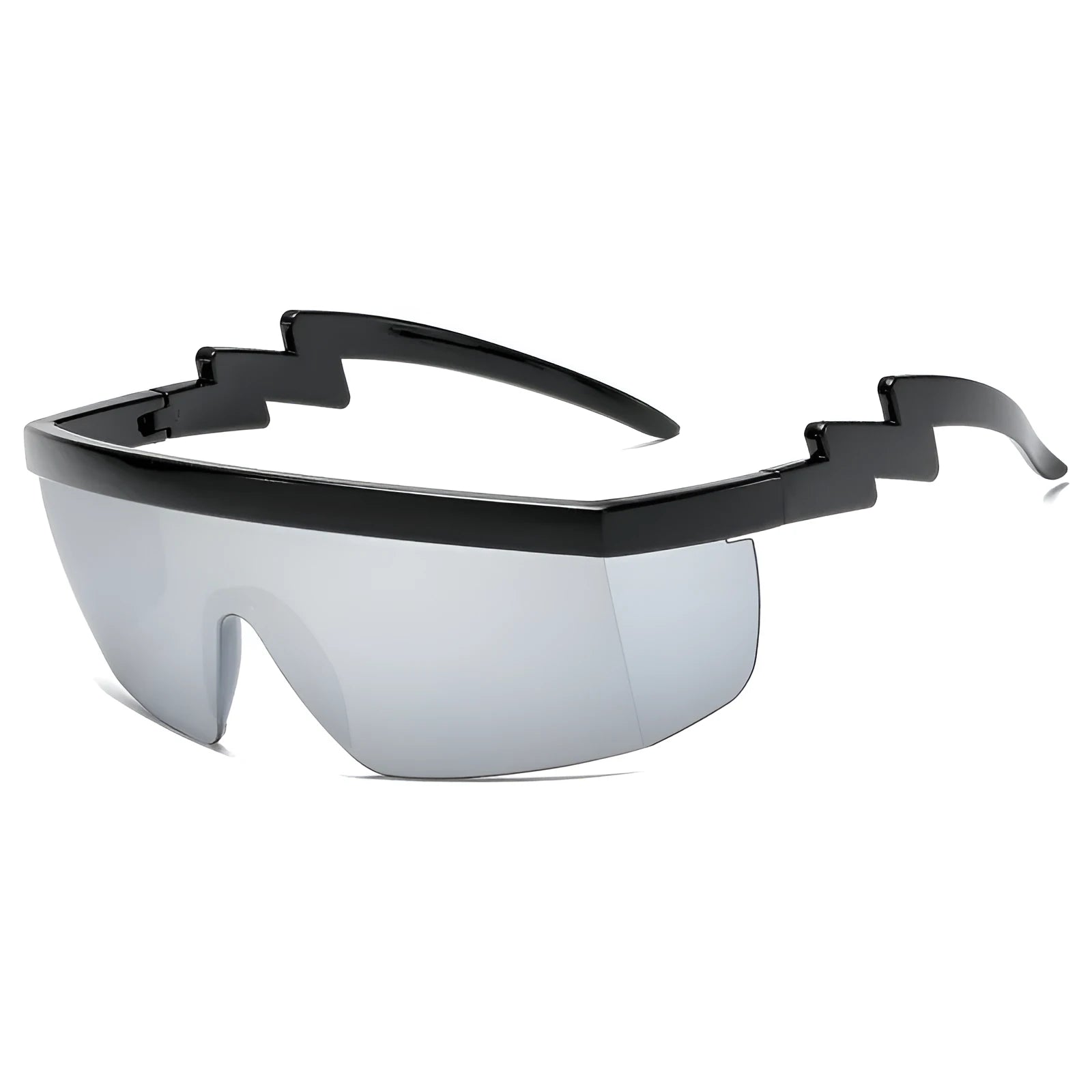 One-piece sports sunglasses with lightning leg temple design in black frame with blue polycarbonate lenses