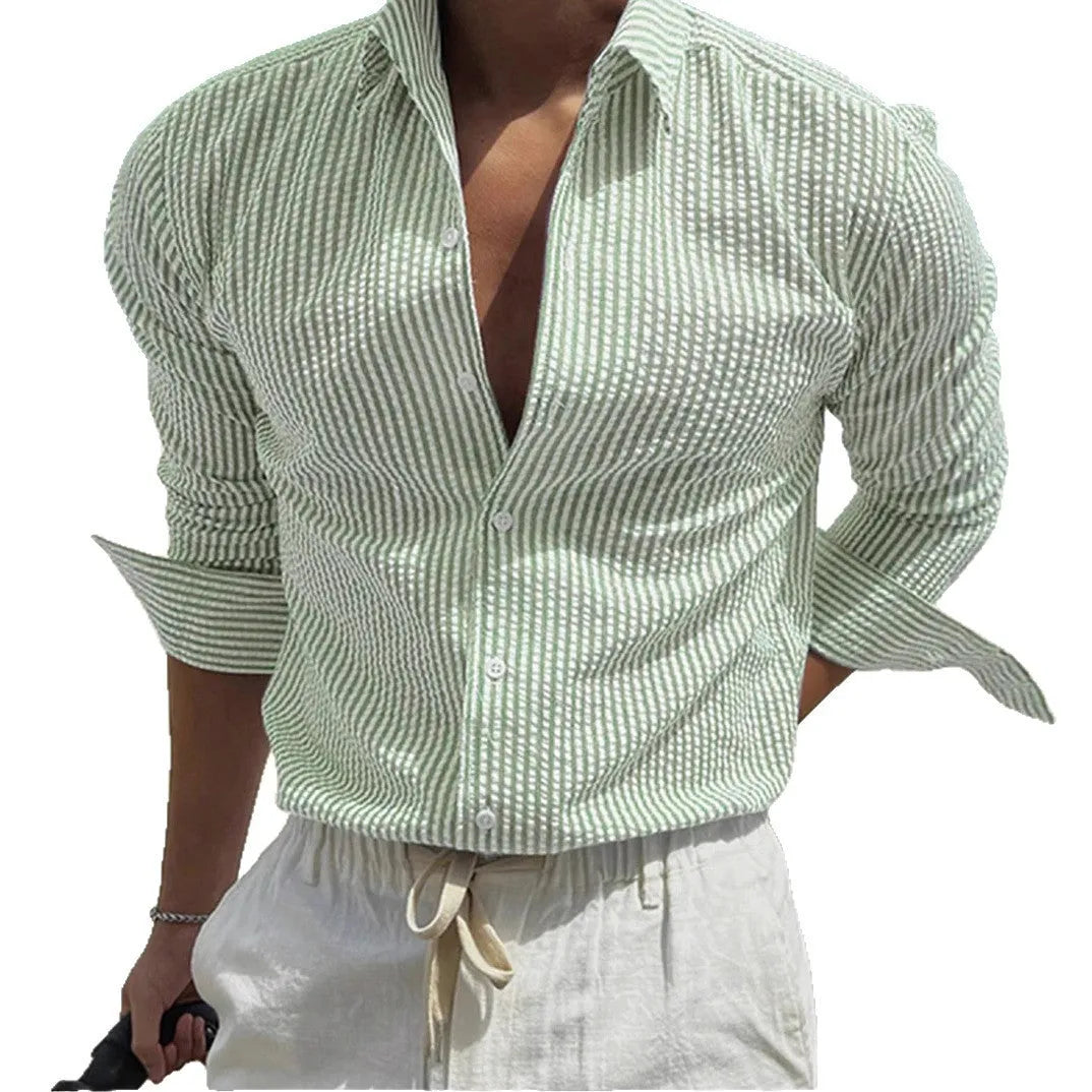 Blue striped long sleeve shirt with cardigan lapel collar on mannequin, showing front design